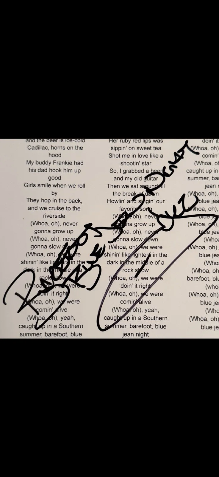 Jake Owen — Jake Owen Signed Autographed/ Inscribed “Barefoot Blue Jean Night” Lyric Sheet, изображение 2