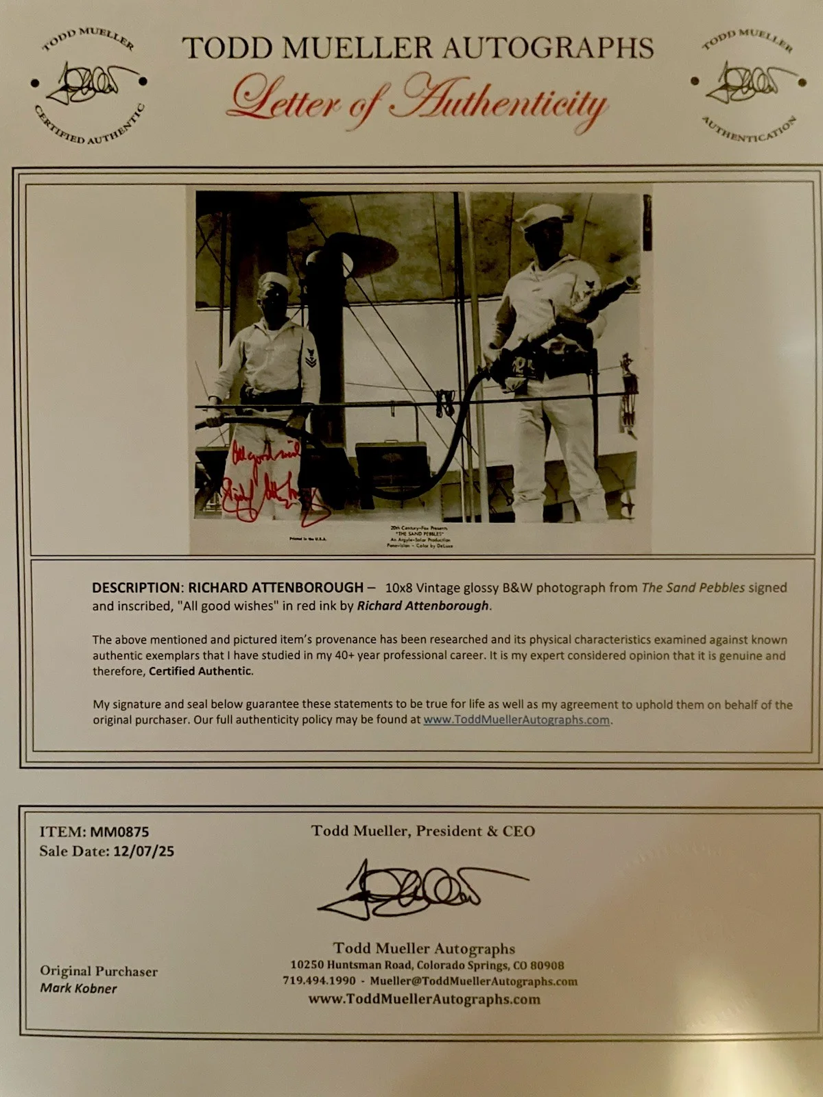 Richard Attenborough — Richard Attenborough “The Sand Pebbles” Signed 8x10 Vintage Photo JSA cert & COA, image 2