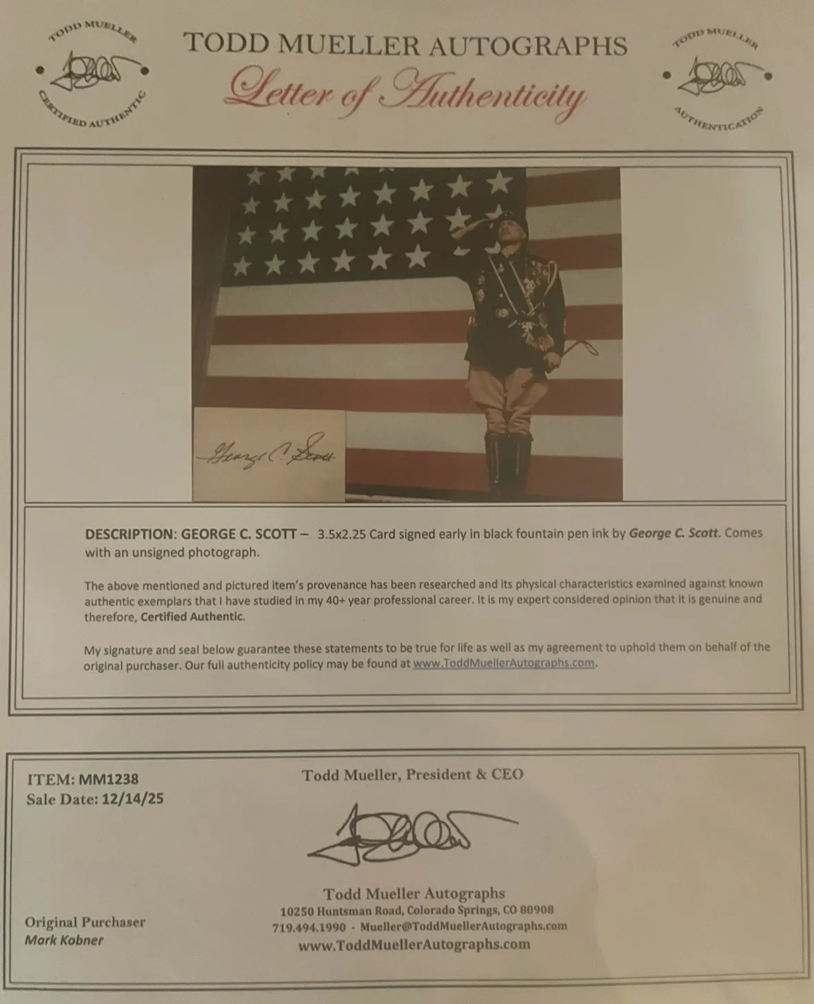 George C. Scott — George C. Scott “Patton” Signed Card w/ 8x10 Color Photo COA, изображение 3