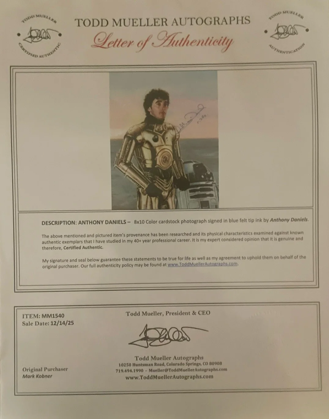 Anthony Daniels — Anthony Daniels C-3PO Star Wars signed 8 x 10 photo JSA certified and COA, изображение 2