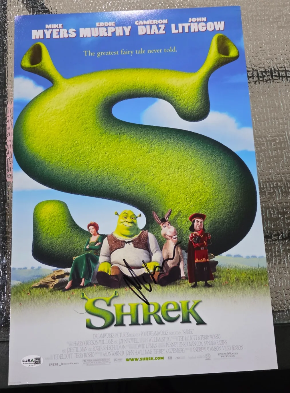 MIKE MYERS — Mike Myers signed "Shrek" 12x18 Photo movie poster JSA COA Rare