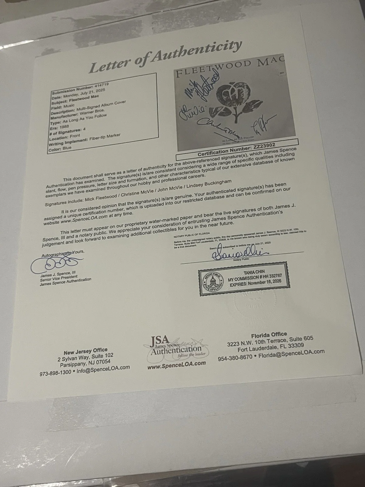 Fleetwood Mac Signed Framed 26”X20” 5X JSA Letters Nicks 2X McVies Buck Mick !!, изображение 4