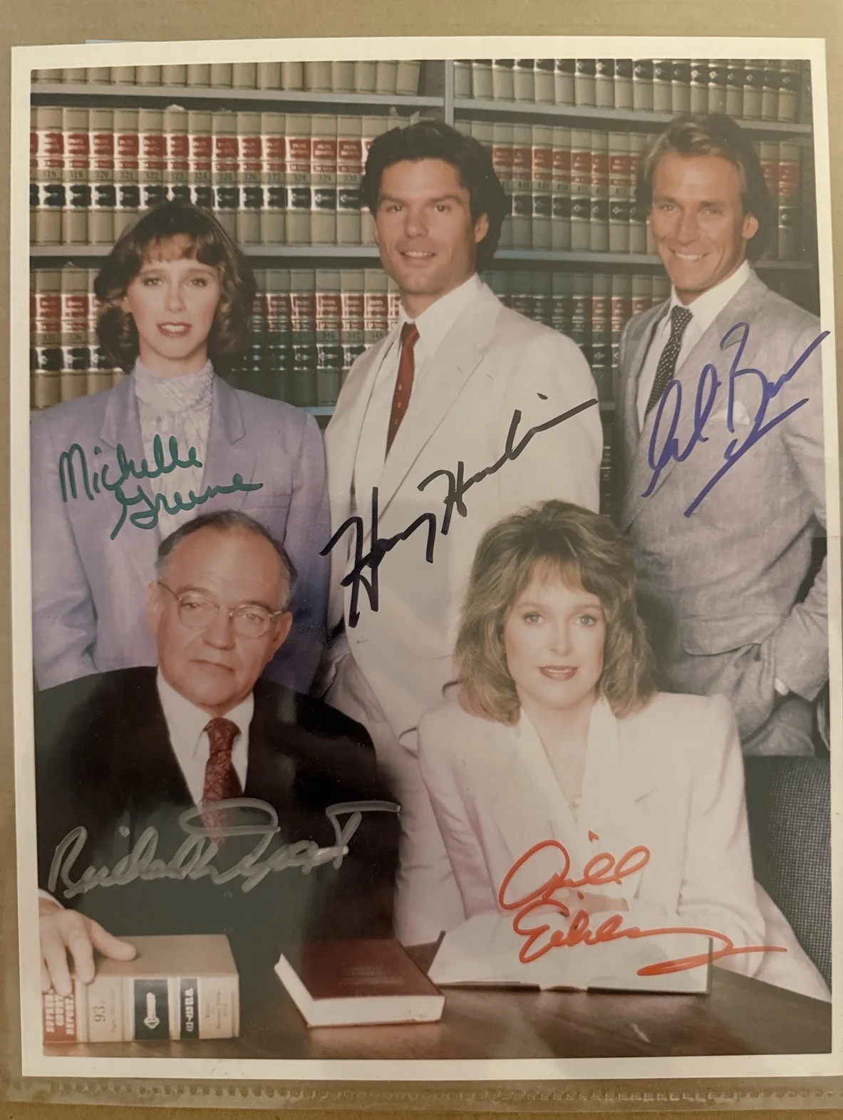 Corbin Bernsen, Richard Dysart, Jill Eikenberry, Harry Hamlin, Al — LA Law Cast Signed Autograph 8x10 Color Photo - Harry Hamlin Corbin Bernsen