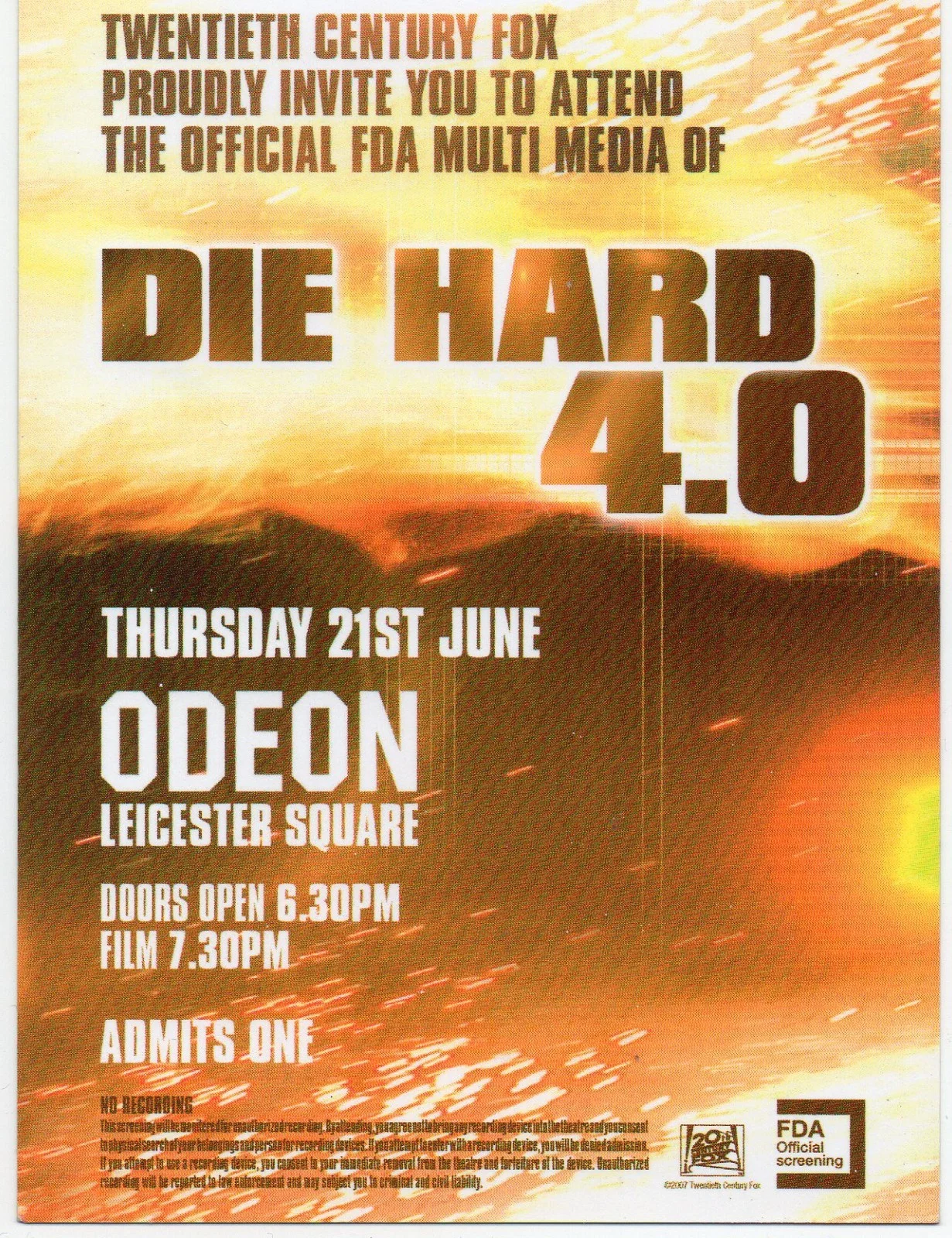 DIE HARD 4.0 - FDA Multimedia Screening Ticket London 2007 Bruce Willis *RARE*, image 2