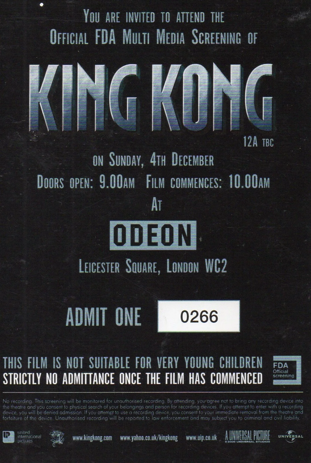 KING KONG - FDA Multimedia Screening Ticket London 2005 *RARE*, image 2