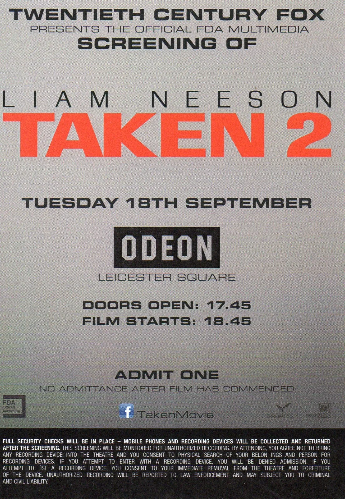TAKEN 2 - FDA Multimedia Screening Ticket London 2012 Liam Neeson *RARE*, изображение 2