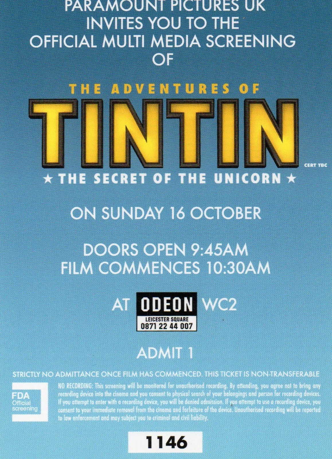 THE ADVENTURES OF TINTIN - Multimedia Screening Ticket London 2011 *RARE*, изображение 2