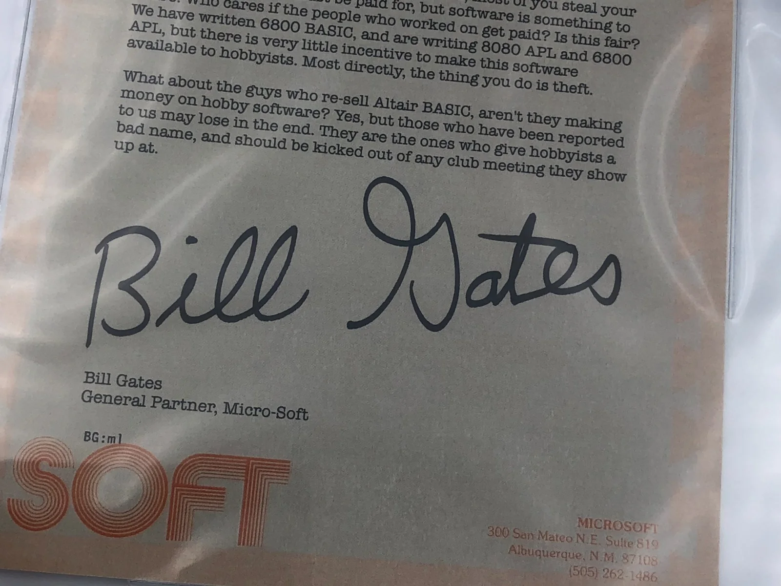 Bill Gates — BILL GATES AUTO Signed BECKETT Authentic 9x12" Signed 1976 MICROSOFT LETTER, image 2