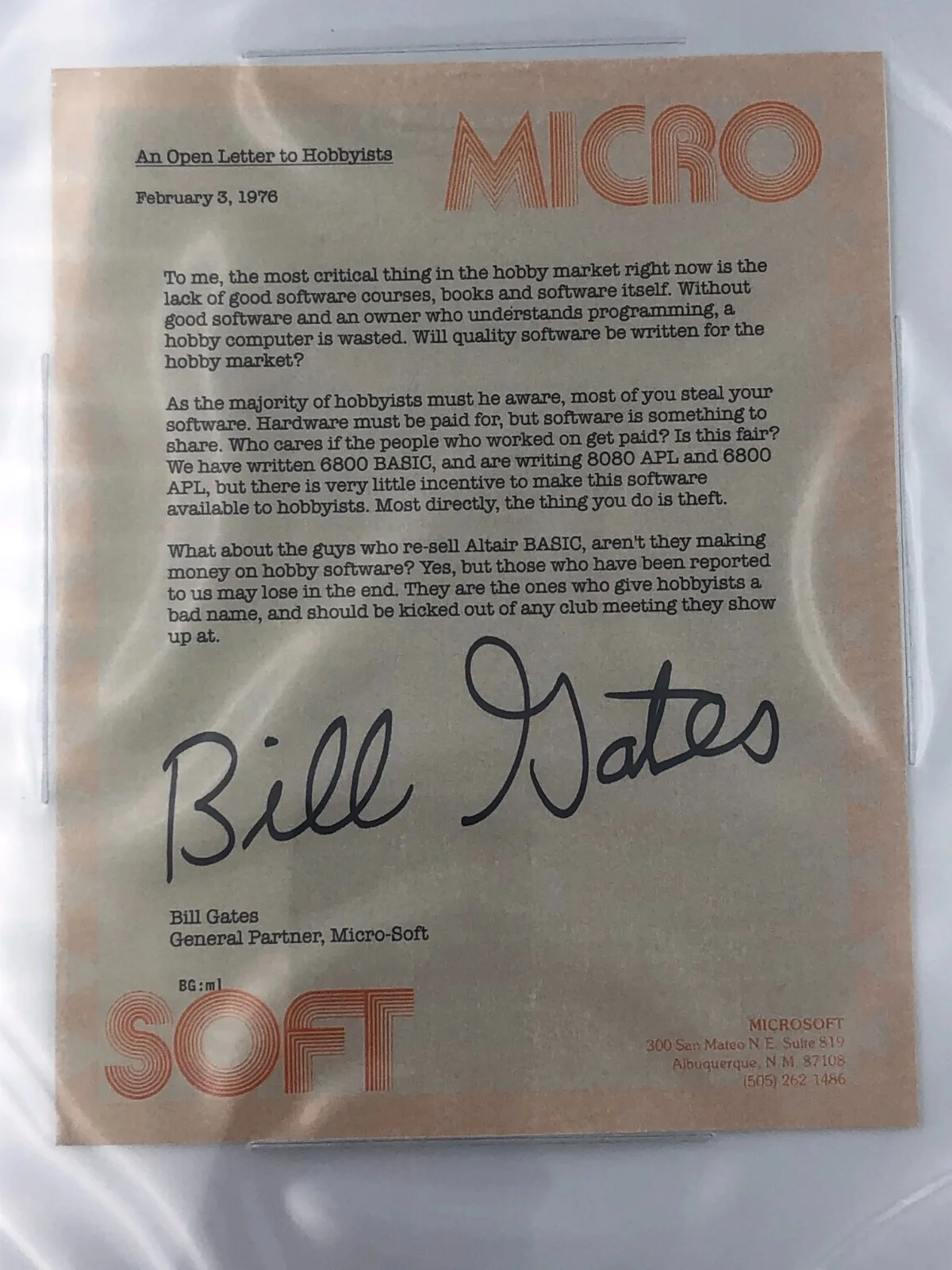 Bill Gates — BILL GATES AUTO Signed BECKETT Authentic 9x12" Signed 1976 MICROSOFT LETTER, image 4