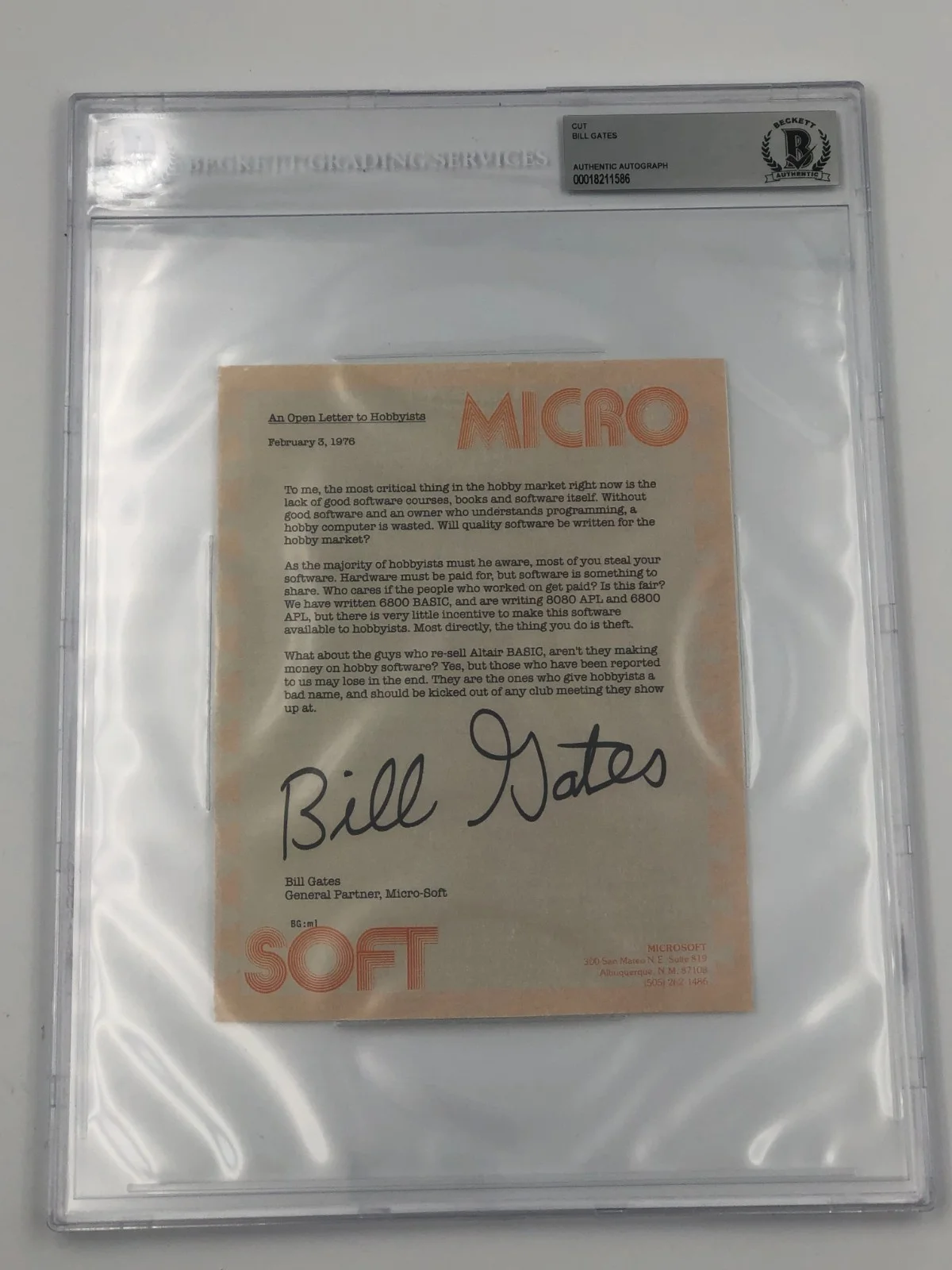 Bill Gates — BILL GATES AUTO Signed BECKETT Authentic 9x12" Signed 1976 MICROSOFT LETTER, image 5