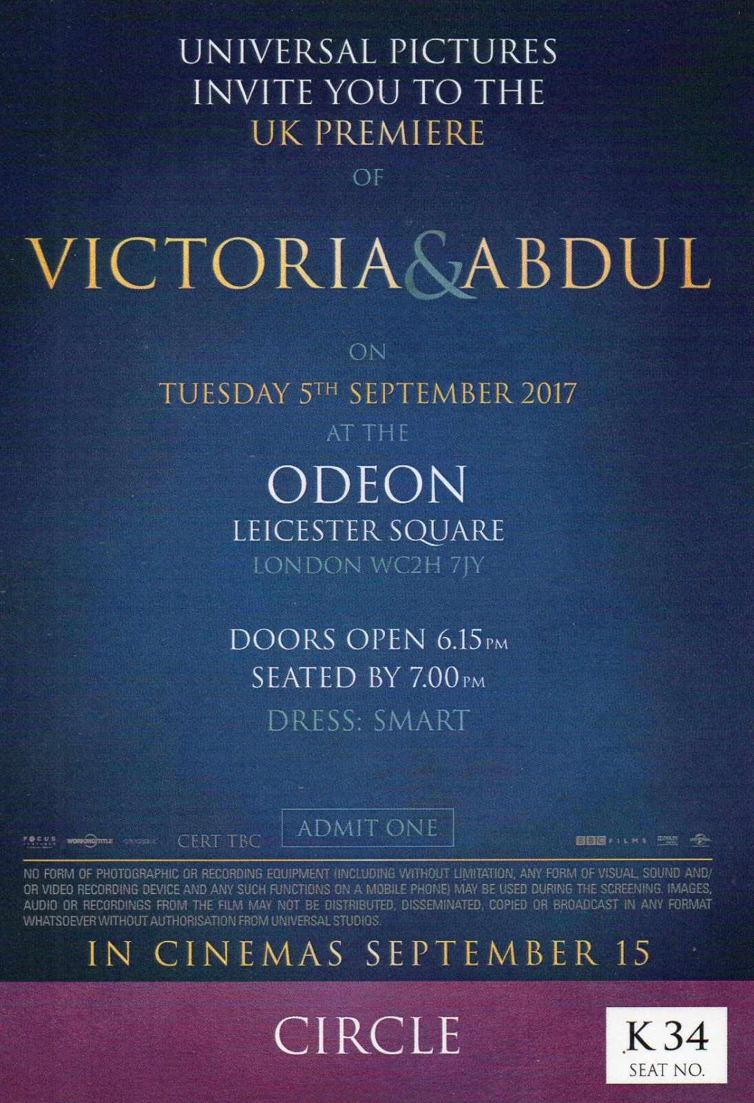 VICTORIA & ABDUL - UK Premiere Ticket London 2017 Judi Dench *RARE*, изображение 2