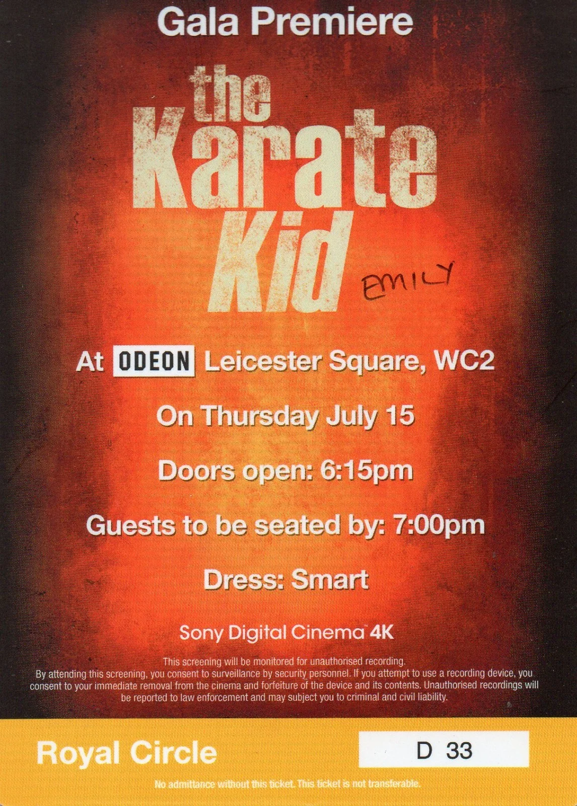 THE KARATE KID - Gala Premiere Ticket London 2010 Jackie Chan *RARE*, image 2