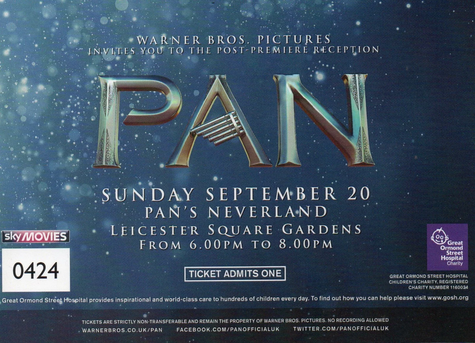 PAN - Post Premiere Reception Ticket London 2015 *RARE*, image 2