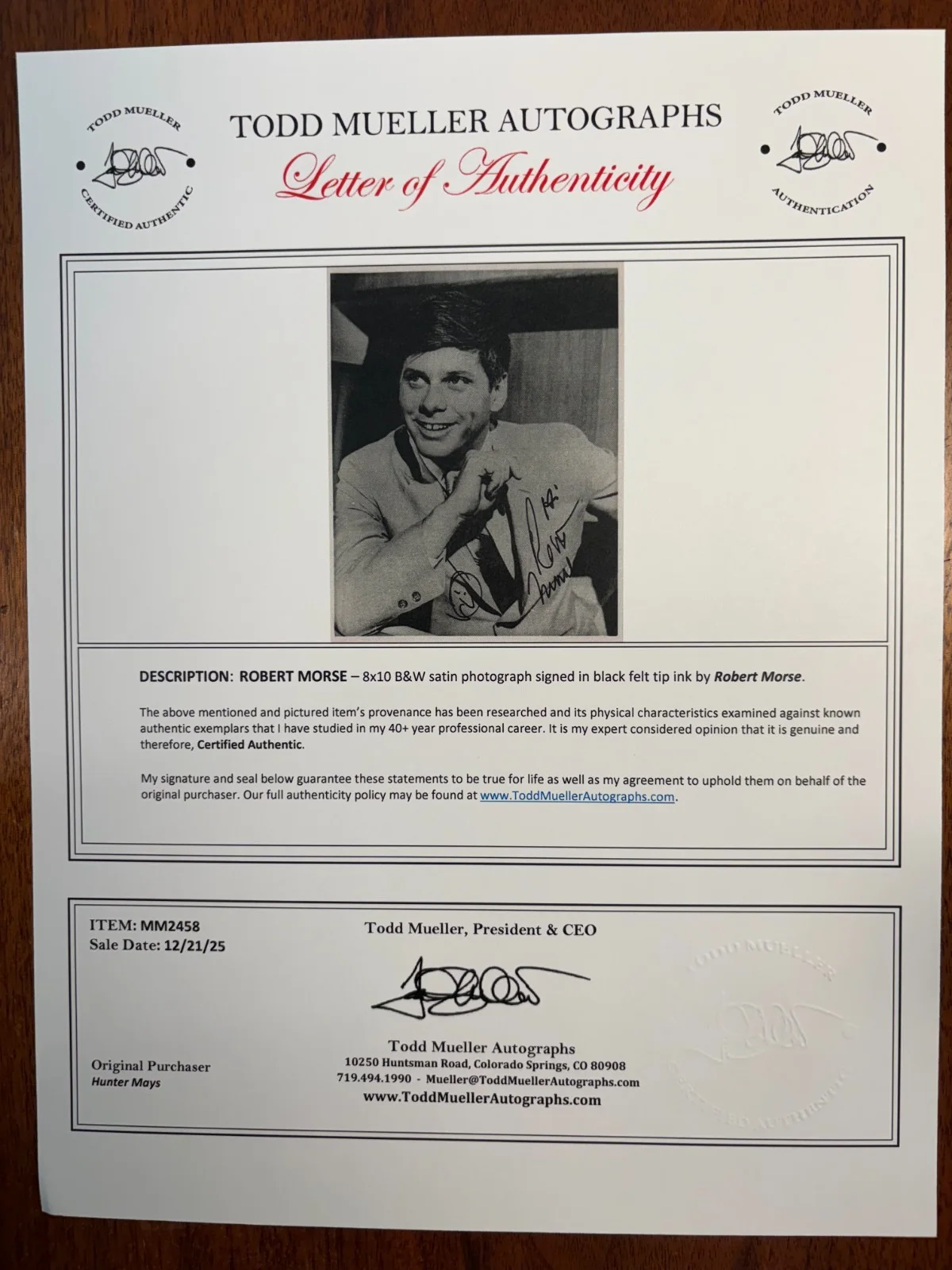 Robert Morse — Vintage Stage and Screen Actor Robert Morse Signed 8x10 Satin Photo + COA, изображение 4