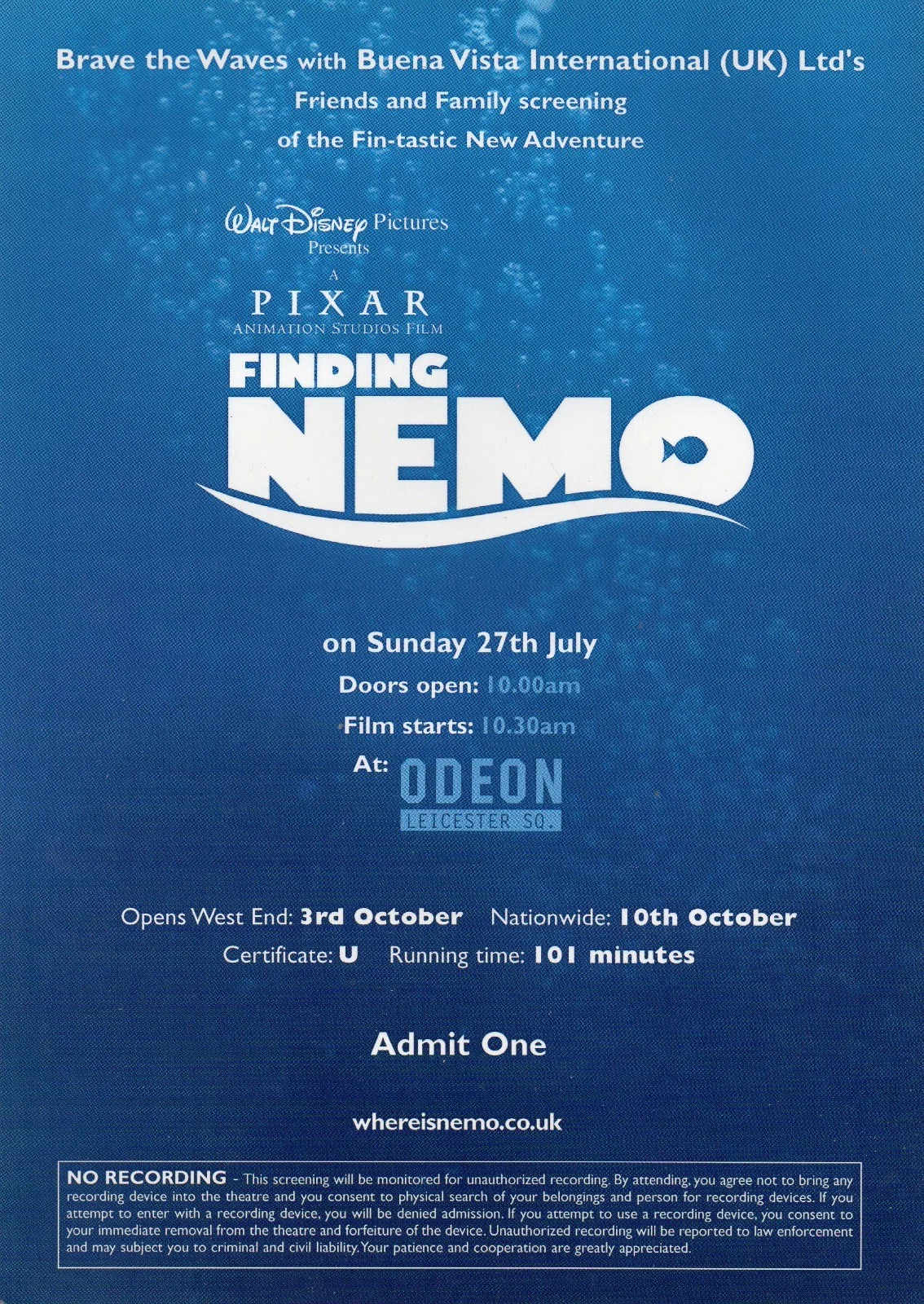 FINDING NEMO - Friends & Family Screening Ticket London 2003 *RARE*, изображение 2