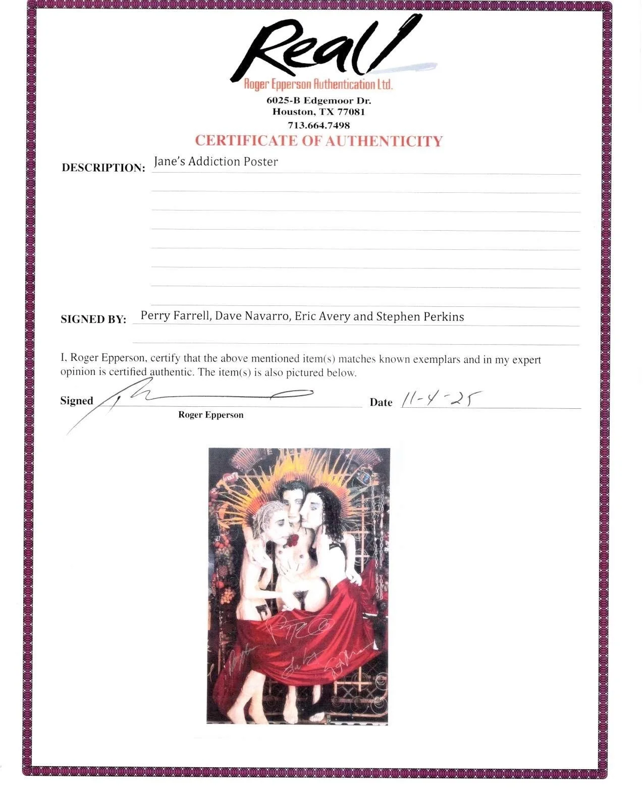 JANES ADDICTION -FULL BAND SIGNED Ritual de lo Habitual PROMOTIONAL LITHO/2 COAs, изображение 4