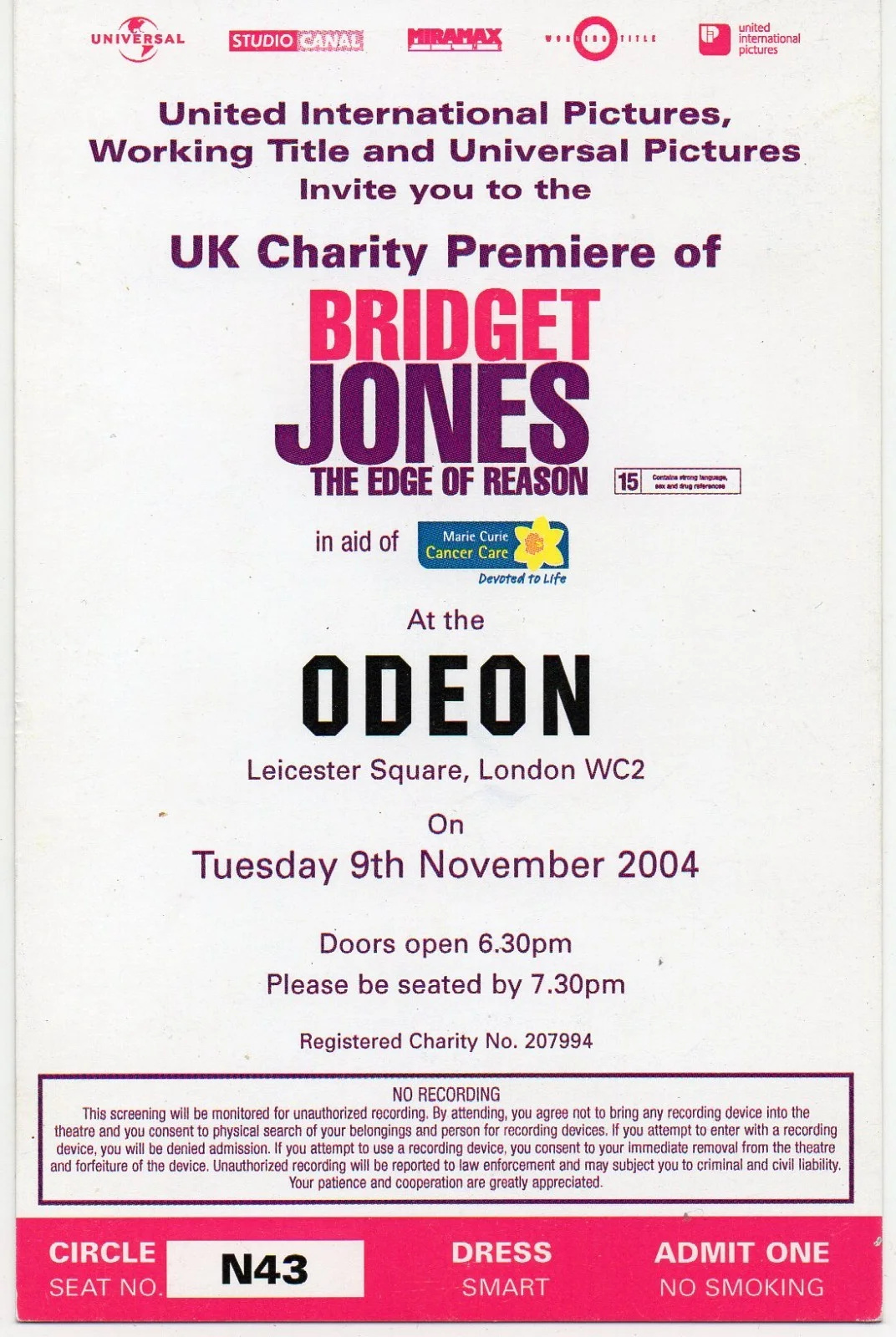 BRIDGET JONES - The Edge Of Reason UK Charity Premiere Ticket London 2004 *RARE*, изображение 2
