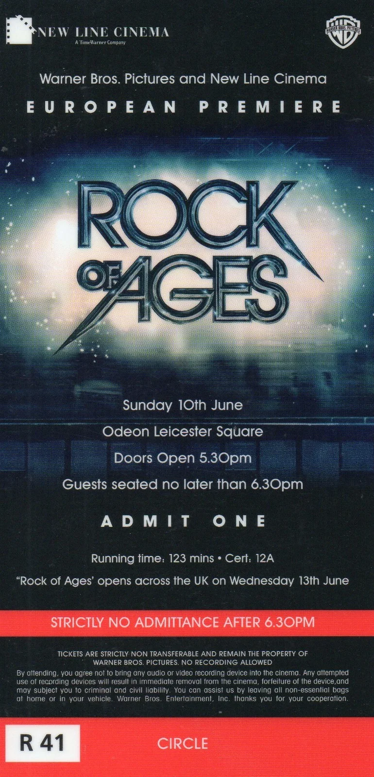 ROCK OF AGES - European Premiere Ticket London 2012 Tom Cruise *RARE*, изображение 2