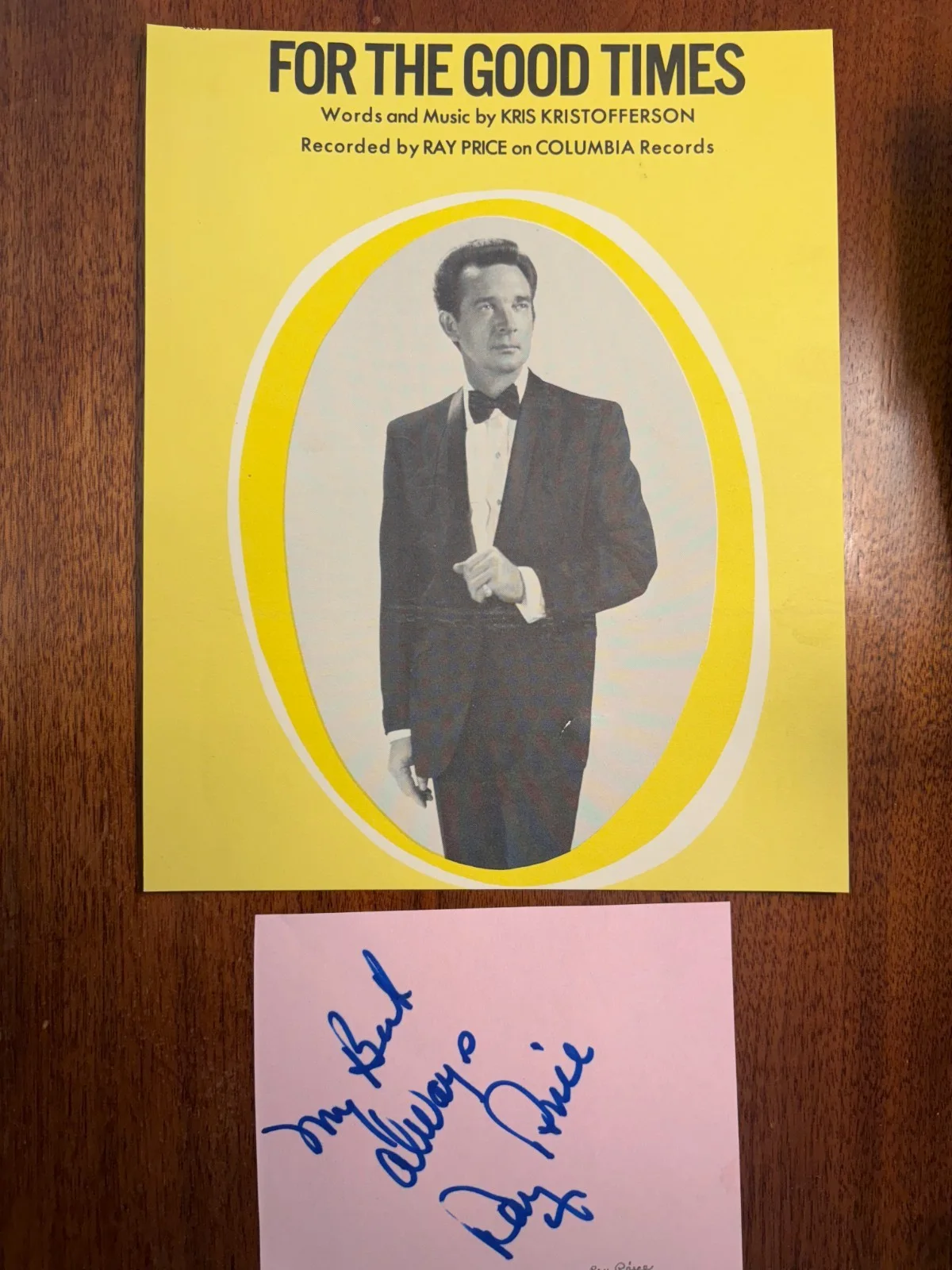 Vintage 5.5 x 4.25 Page Signed by RAY PRICE + "For The Good Times" Song Sheet, изображение 5