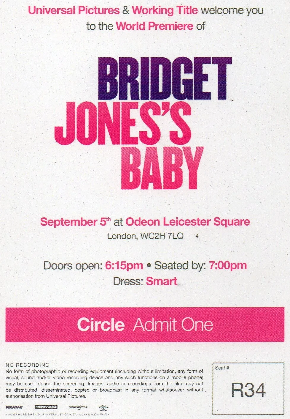 BRIDGET JONES'S BABY - World Premiere Ticket London 2016 Colin Firth *RARE*, изображение 2