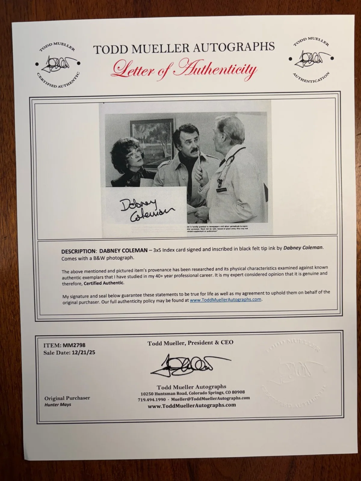 Dabney Coleman — Dabney Coleman Signed 3x5 + 10x8 unsigned photo + COA Letter of Authenticity, изображение 5