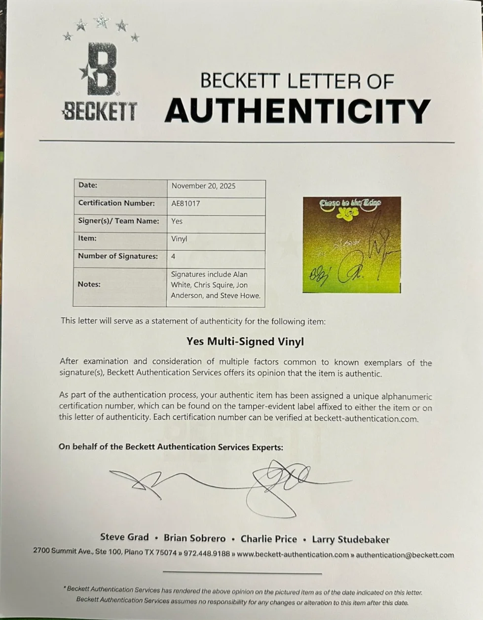 YES Signed Close to the Edge Record Album Jon Anderson White Squire Howe BAS, изображение 5