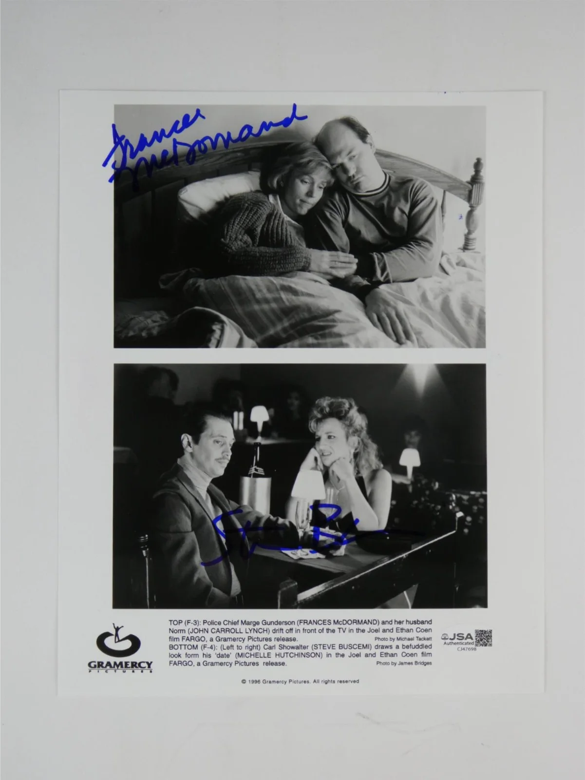 Frances McDormand — Frances McDormand Steve Buscemi Signed 8x10 Promo Photo Fargo JSA COA, изображение 2