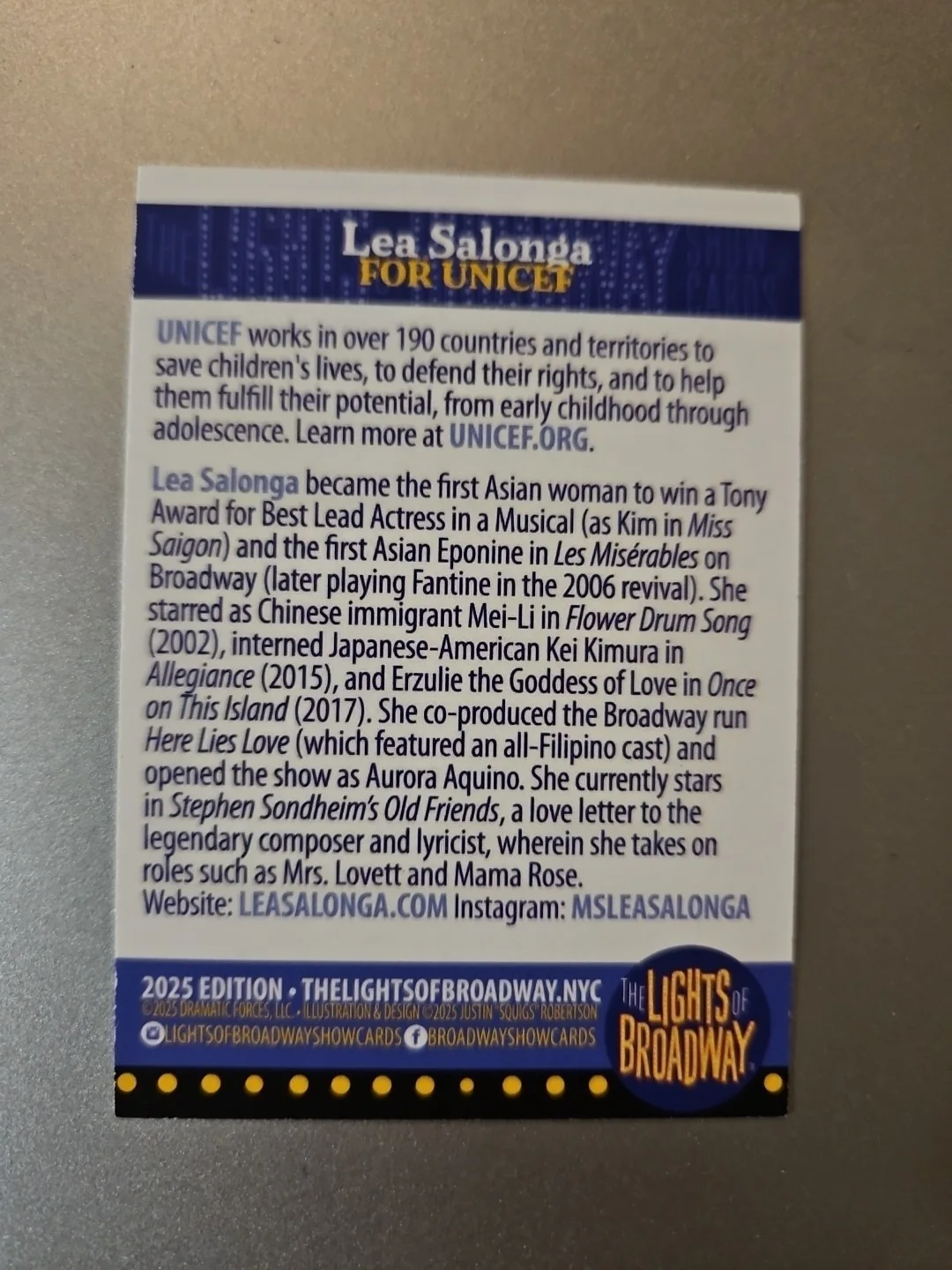 Lea Salonga — 2025 Lea Salonga Signed Lights Of Broadway Card For Unicef #92 Of 150, изображение 2
