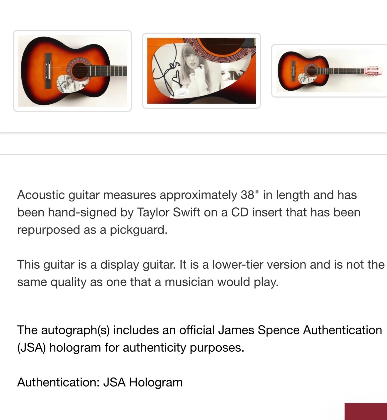 taylor swift autograph guitar w/coa, image 3