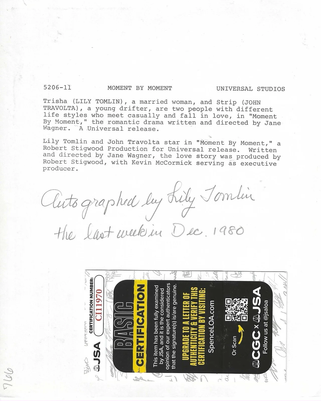 Lily Tomlin — Lily Tomlin 1978 signed photo JSA COA Universal lobby card w John Travolta, изображение 2