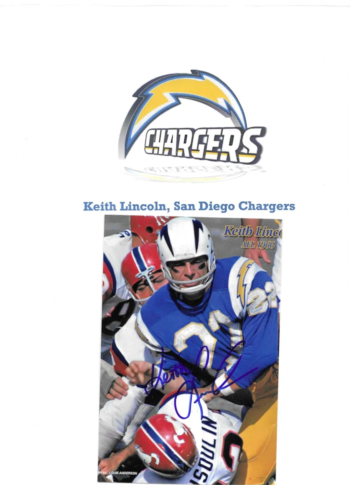 KEITH LINCOLN — KEITH LINCOLN #22 AUTOGRAPHED 5X7 PHOTO 1966 SAN DIEGO CHARGERS, изображение 2