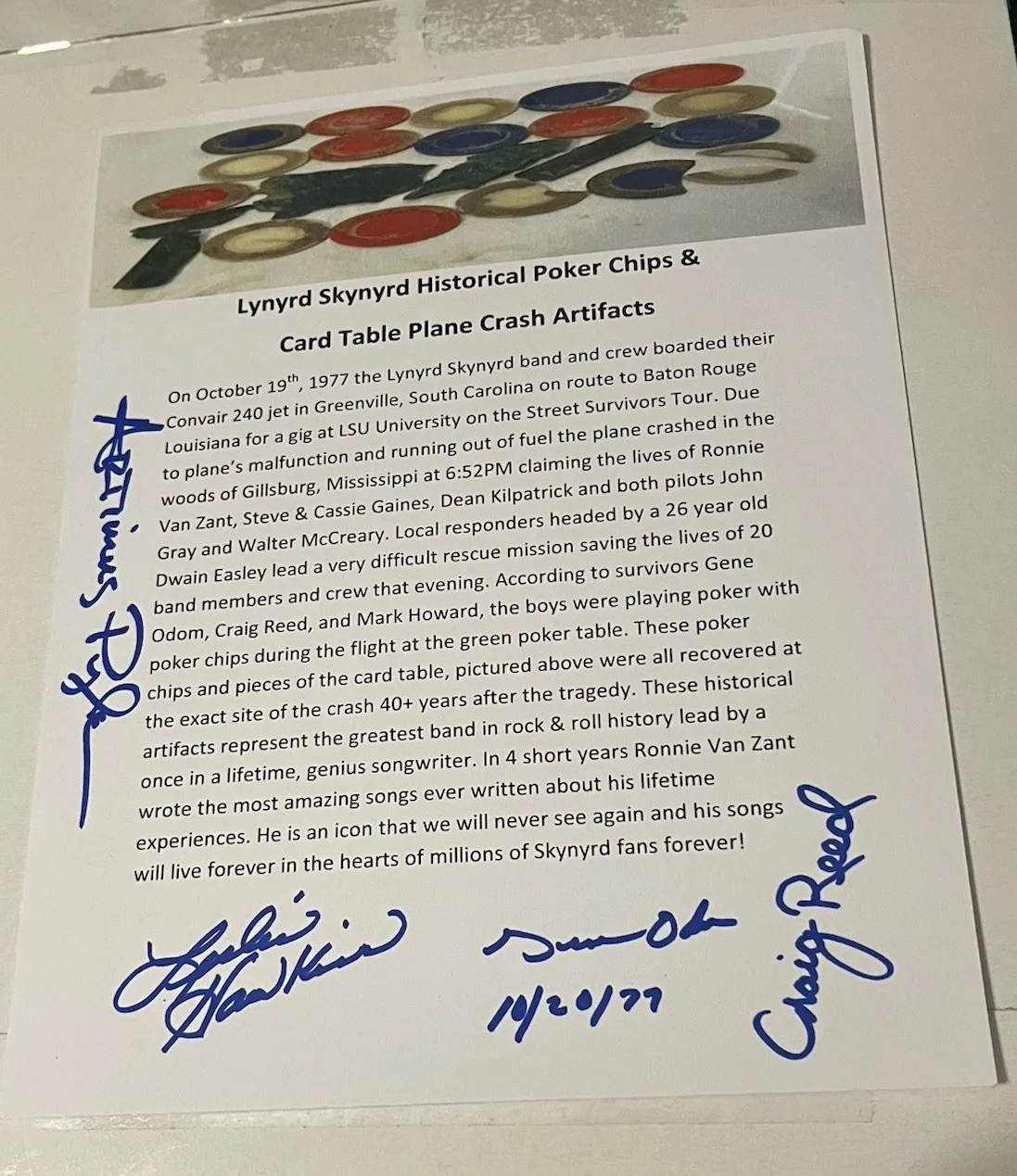 Lynyrd Skynyrd Signed Plane Crash Lot Blue Poker Chip W Silver Bezel + 7 LOADED!, изображение 3