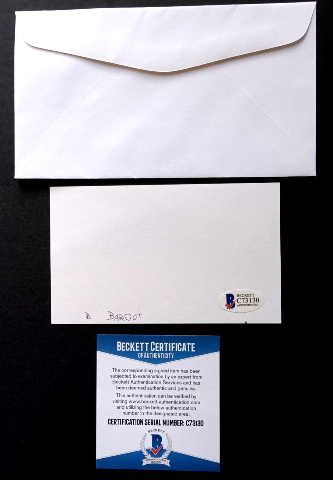 BRIGITTE BARDOT — BRIGITTE BARDOT SIGNED 3"x5" Index Card BECKETT SERVICES Authenticated, image 2