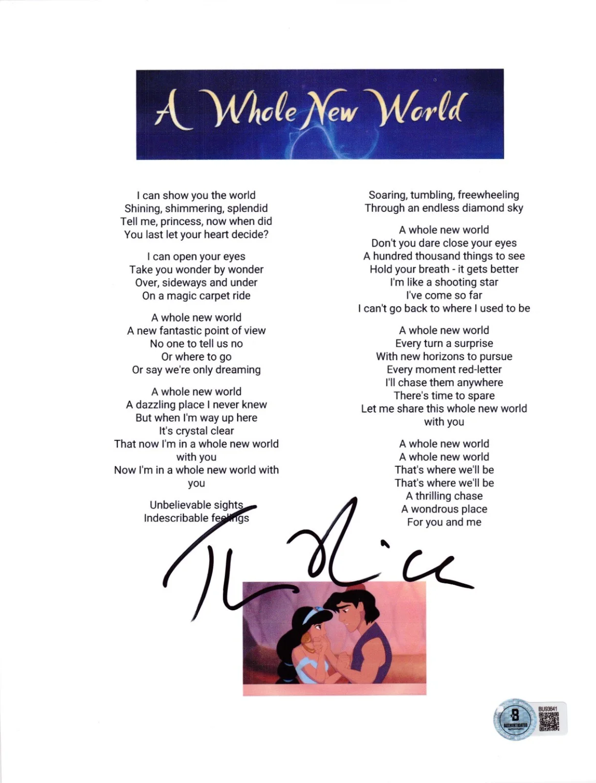 Tim Rice — Tim Rice Signed A Whole New World Lyric Sheet Aladdin Autograph Beckett