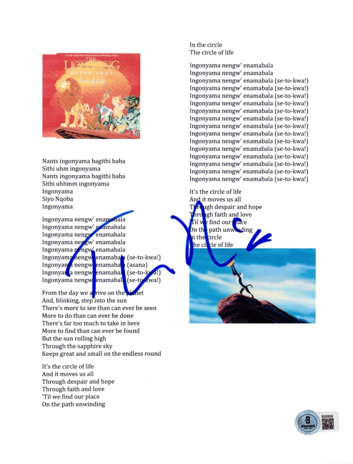 Tim Rice — Tim Rice Signed Circle of Life Lyric Sheet The Lion King Autograph Beckett