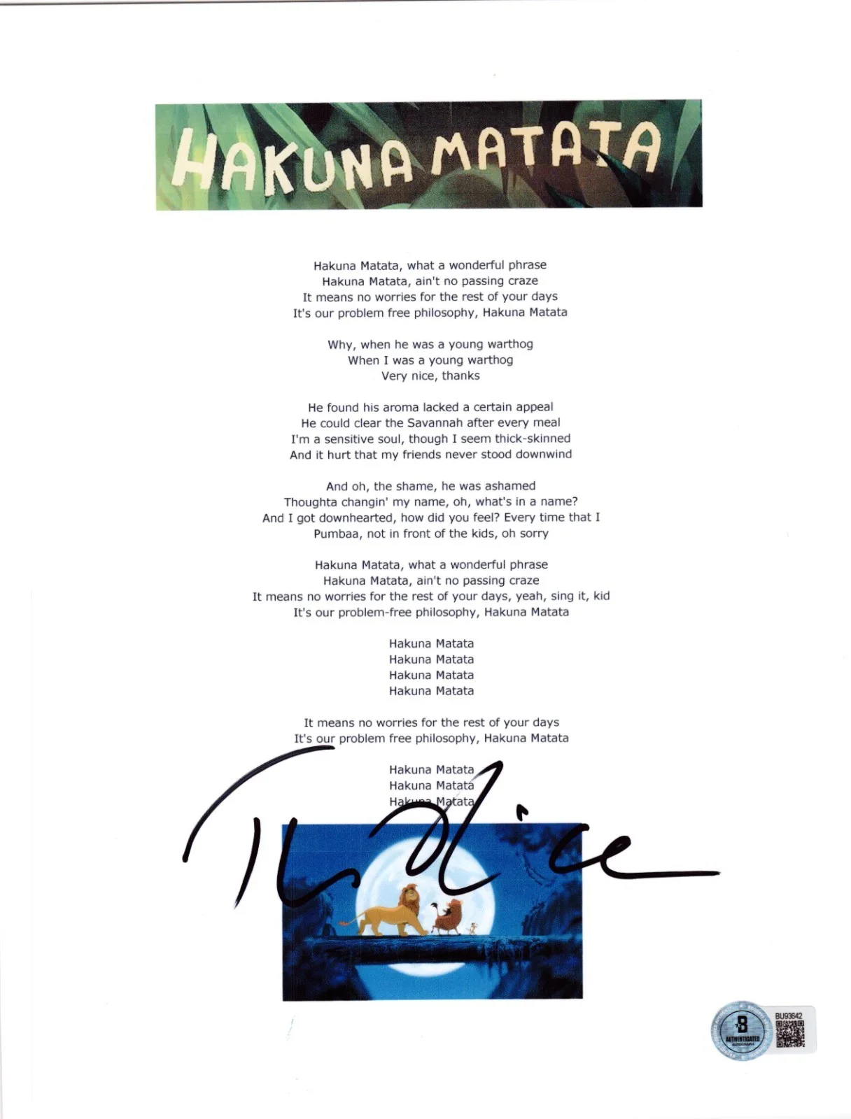 Tim Rice — Tim Rice Signed Hakuna Matata Lyric Sheet The Lion King Autograph Beckett