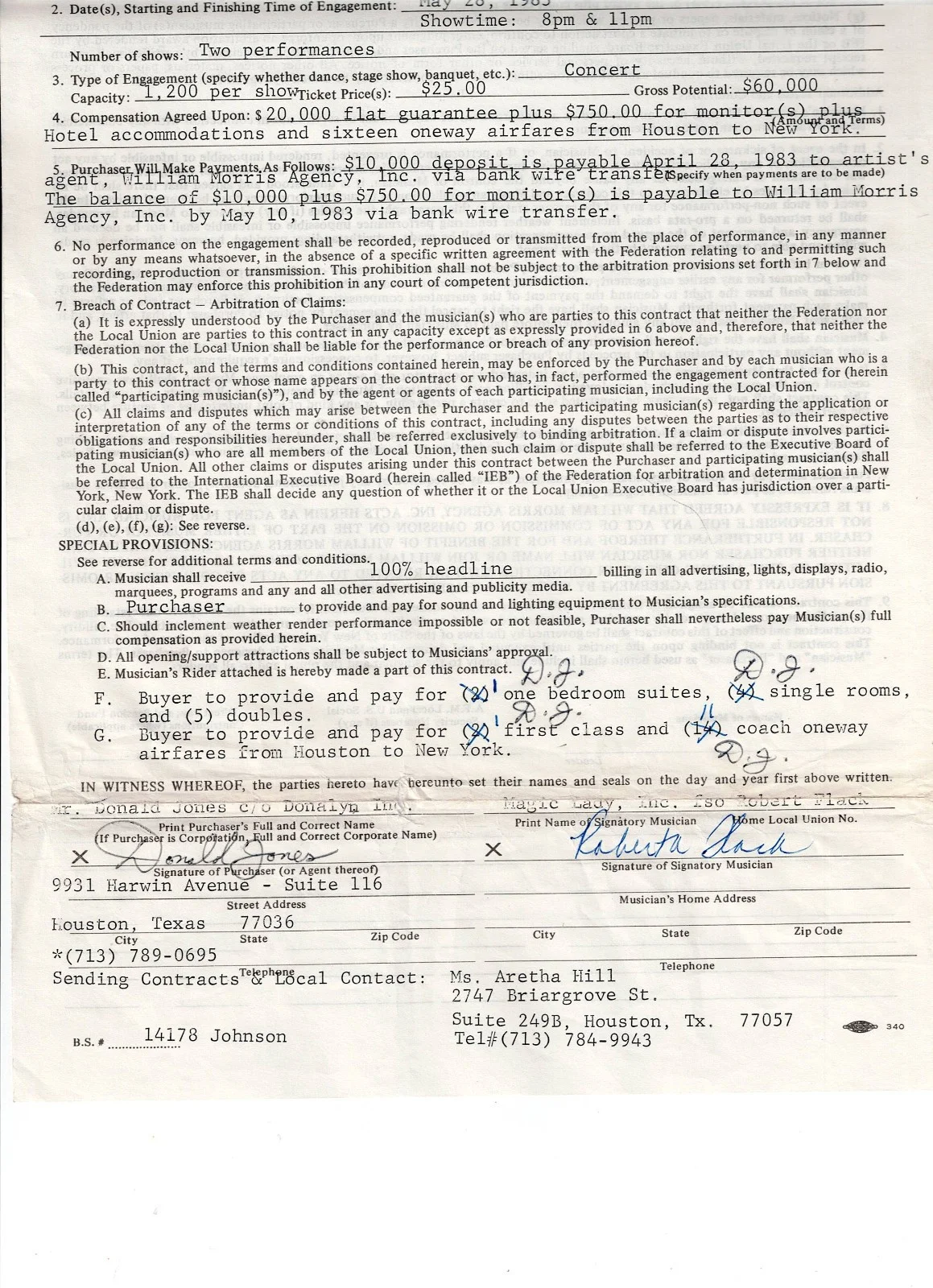 Roberta Flack scarce and desirable authentic signed Performance Contract 1983, image 2