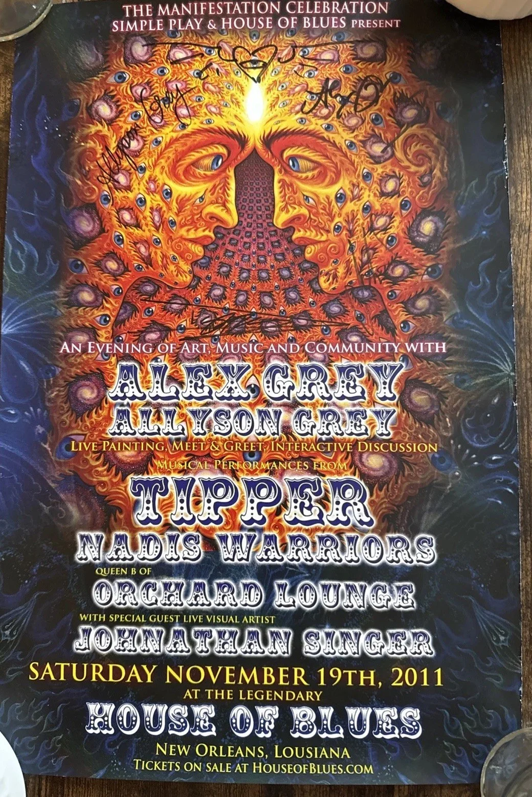 Tipper, Alex Grey & Allyson Grey, Jonathan Singer Signed Event poster, 11/19/11, изображение 2