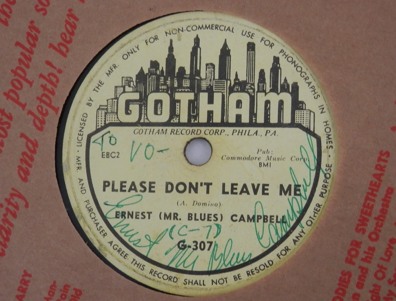 RARE signed Ernest Mr Blues Campbell 78 Record I'm Falling for You Gotham G-307, изображение 4