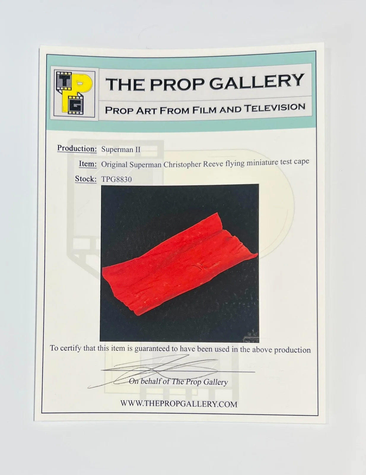 Superman Production miniature cape material section. Movie Prop display & COA., image 5