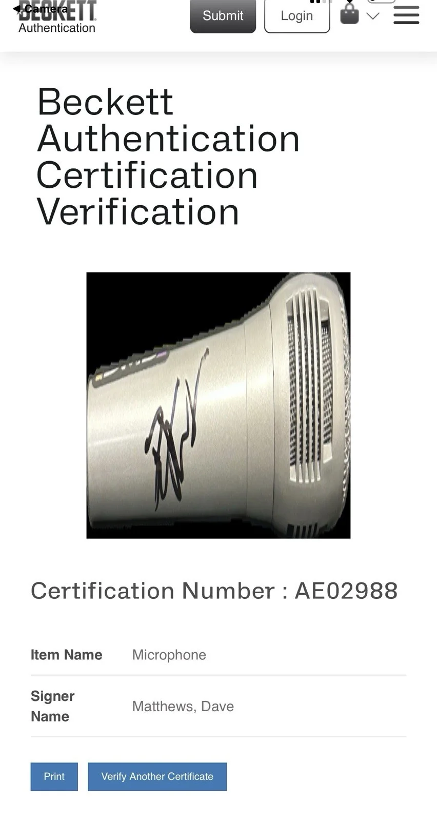 Dave Matthews Signed Microphone Singer Songwriter Band Actor LEGEND Beckett COA, изображение 3