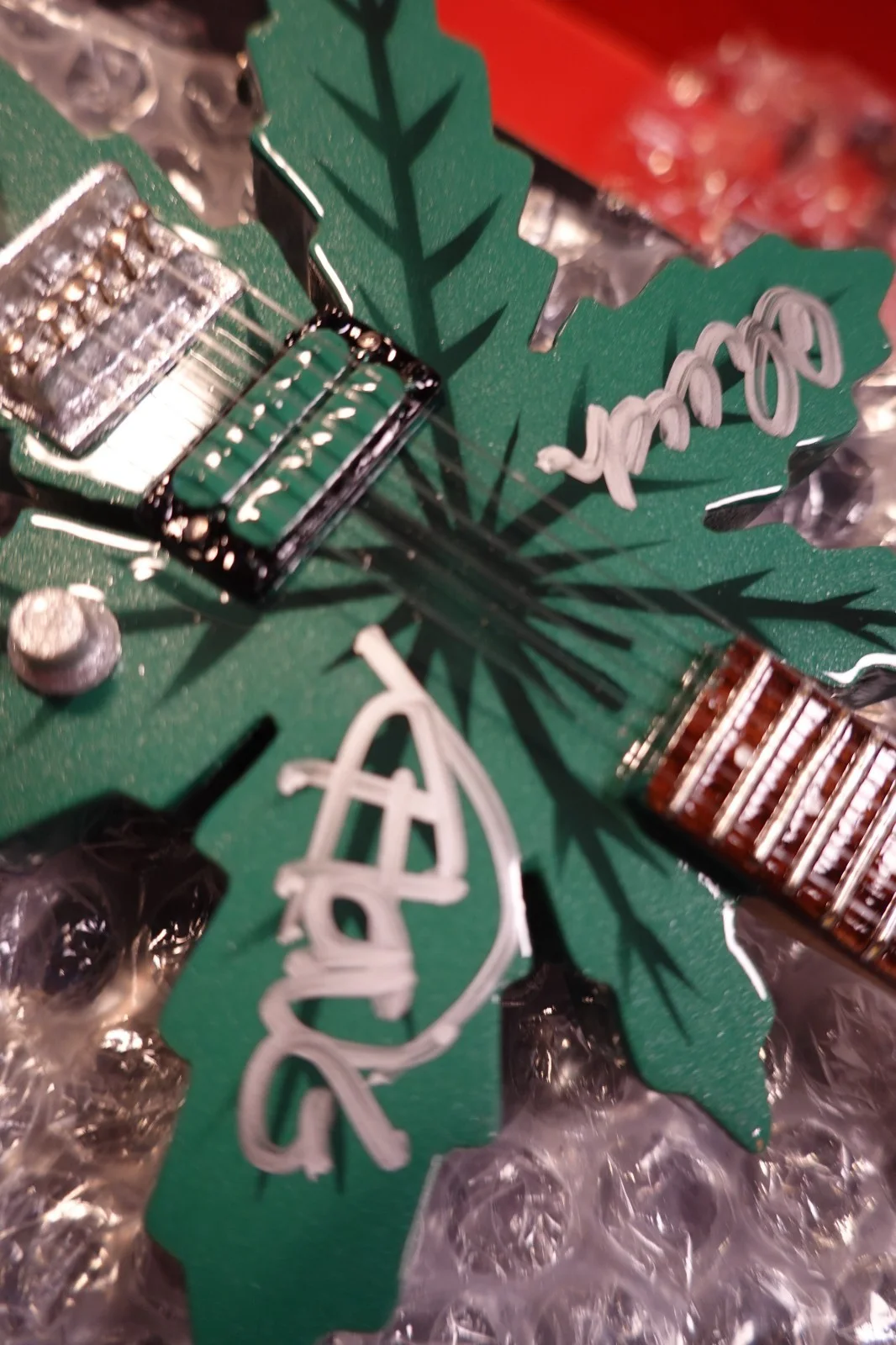Cheech Marin, Tommy Chong — Cheech Marin Tommy Chong Signed Pot Leaf Mini Guitar (10 inch) JSA C132151, image 4