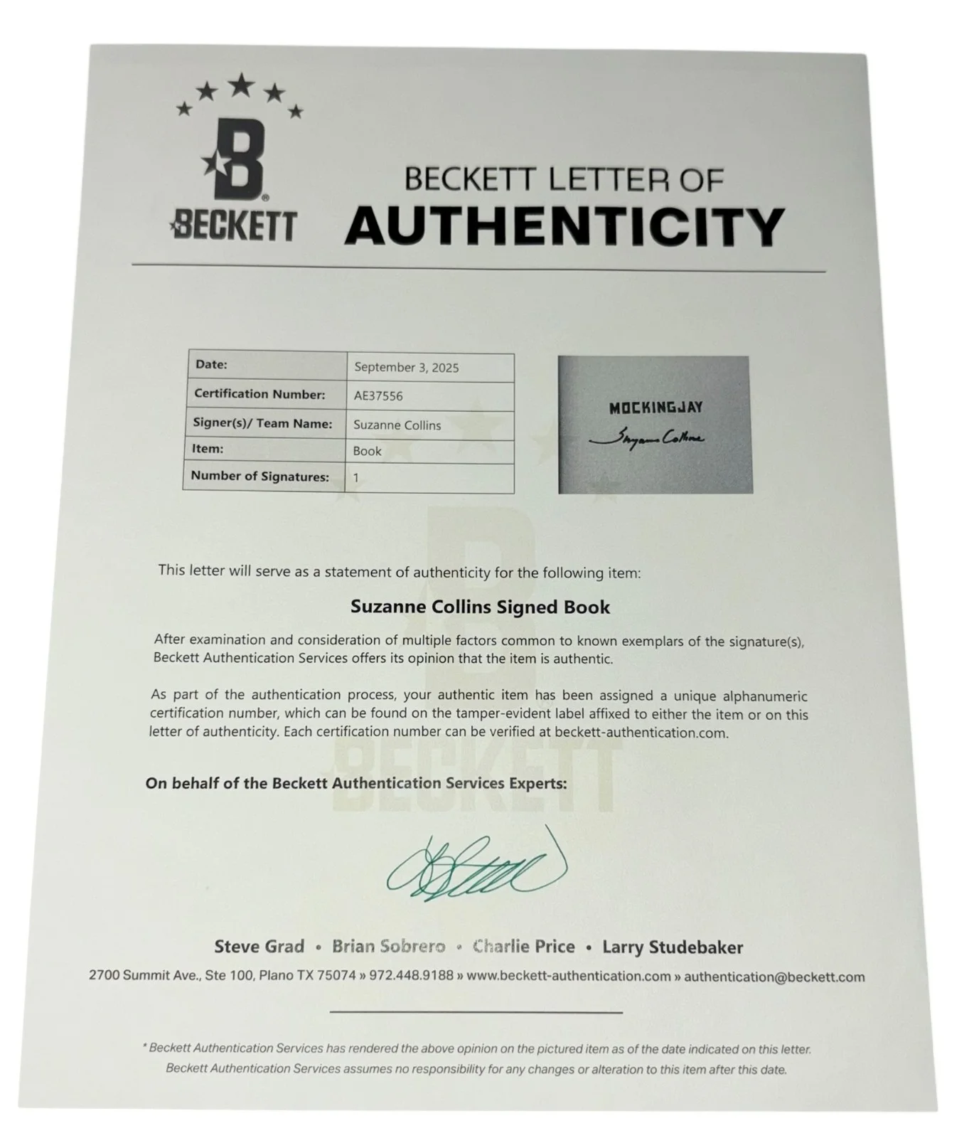 Suzanne Collins — Author Suzanne Collins Signed Autograph The Hunger Games Mockingjay Book Beckett, image 4