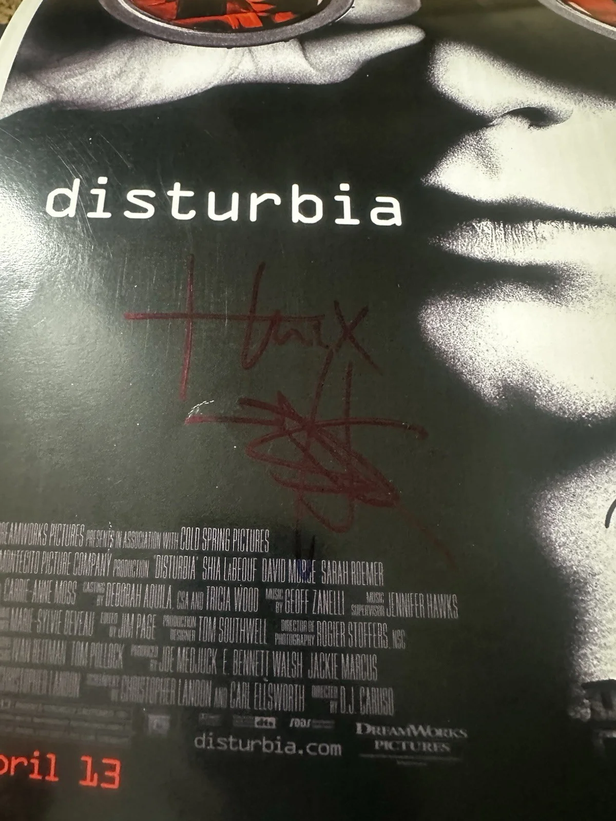 Shia LaBeouf, David Morse — Shia LaBeouf & David Morse signed Disturbia 11x17 poster, изображение 4
