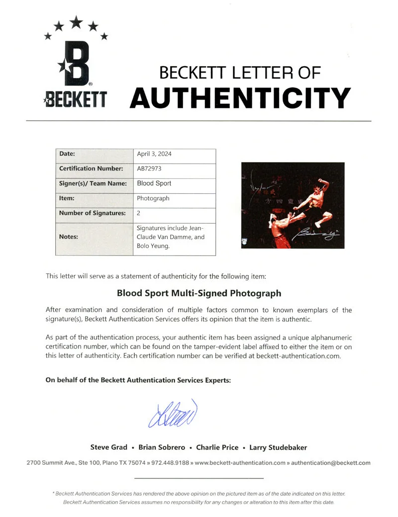 JEAN CLAUDE VAN DAMME BOLO YEUNG SIGNED 11x14 PHOTO OPX BLOODSPORT BECKETT BAS, изображение 4