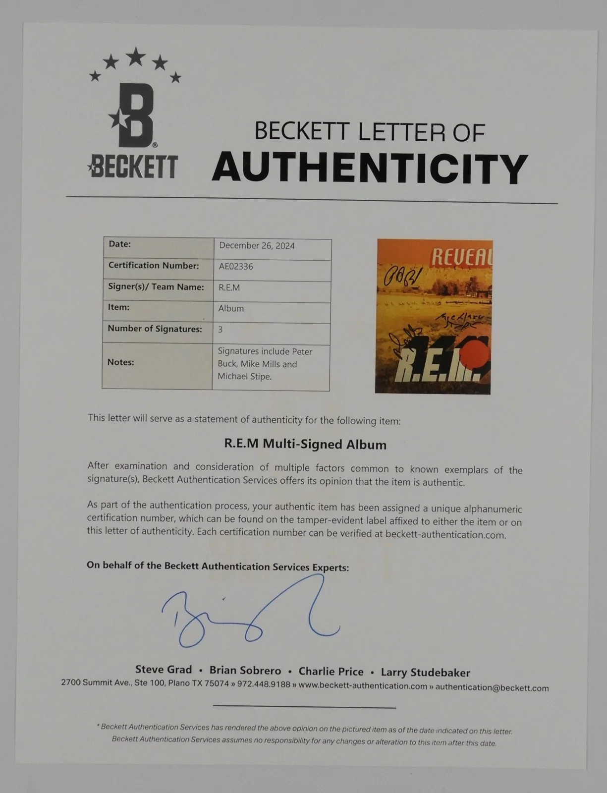 R.E.M. Beckett Signed Autograph Record Album Vinyl Reveal Michael Stipe + REM, изображение 5