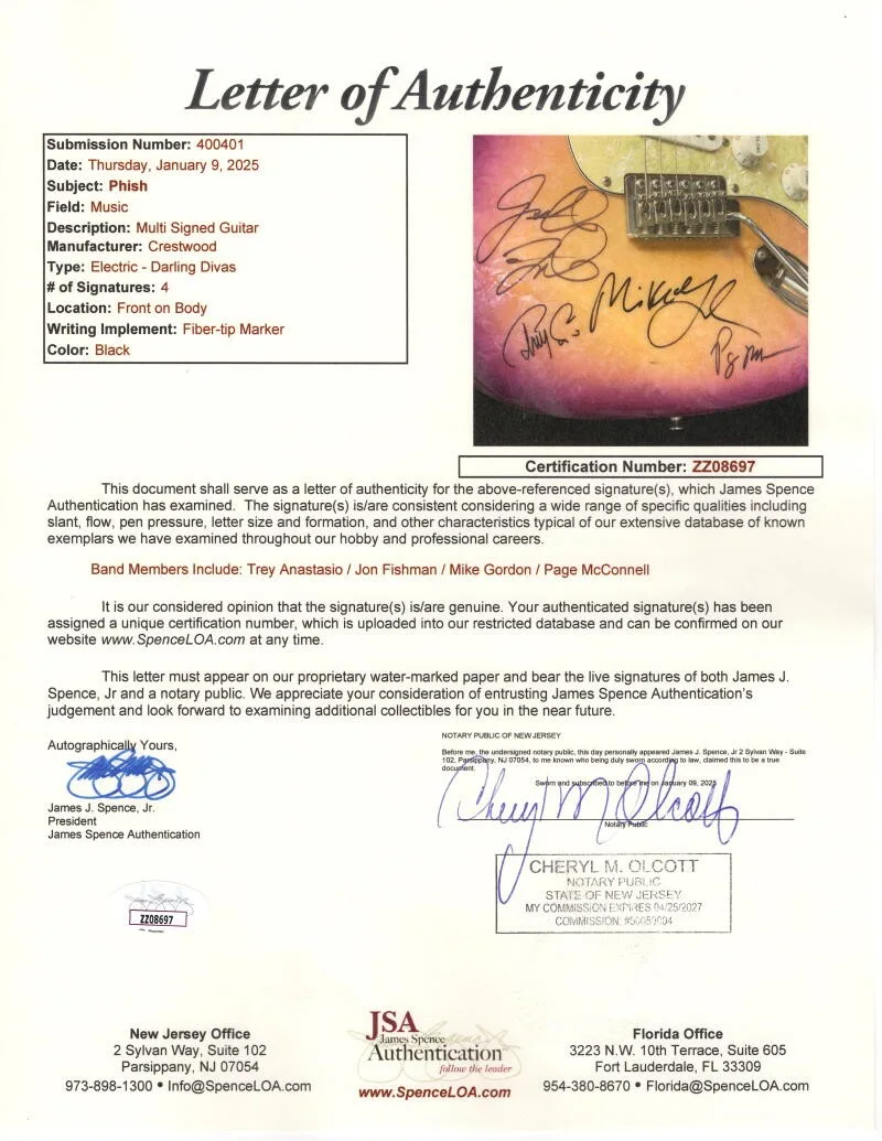 Trey Anastasio, Jon Fishman, Mike Gordon, Page McConnell — Phish Full Band Signed Autograph Guitar - Jon Fishman Trey Mike Page w/ JSA COA, изображение 3