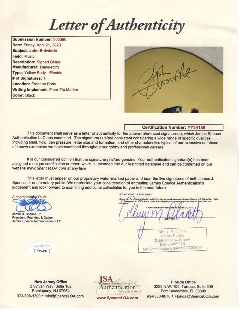 John Entwistle — John Entwistle The Who Signed Autograph Danelectro Electric Guitar w/ JSA COA, изображение 3