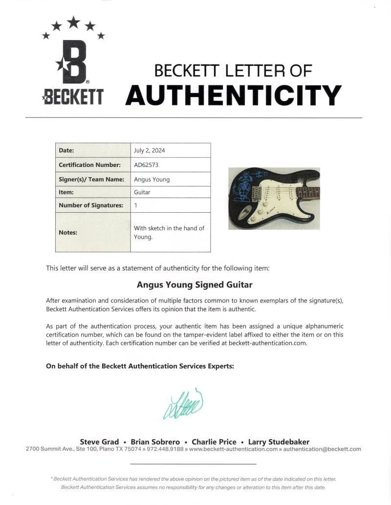 Angus Young — Angus Young AC/DC Signed Autograph Guitar w/ Original Art Sketch - Beckett COA, изображение 4
