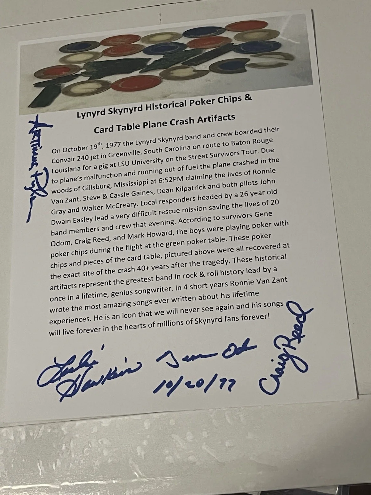 Lynyrd Skynyrd Signed Plane Crash White Poker Chip + Plane Diagram & Artie W Dog, изображение 4